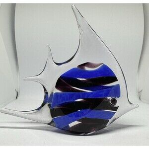 Vintage Murano Cobalt Blue Black Italian Handblown Glass Art Angelfish Sculpture